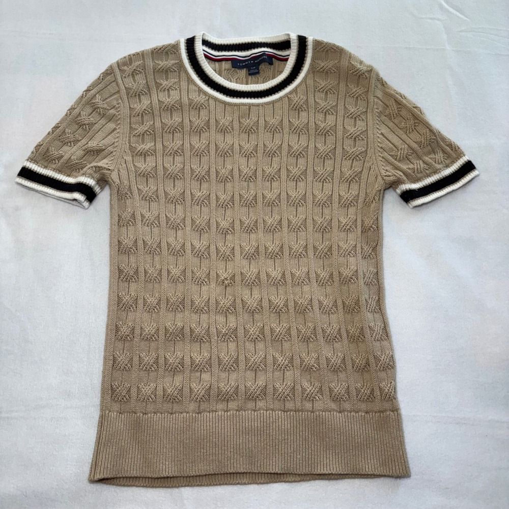 Tommy Hilfiger Tan Knit Short Sleeve Sweater Top Striped Trim Womens S Preppy